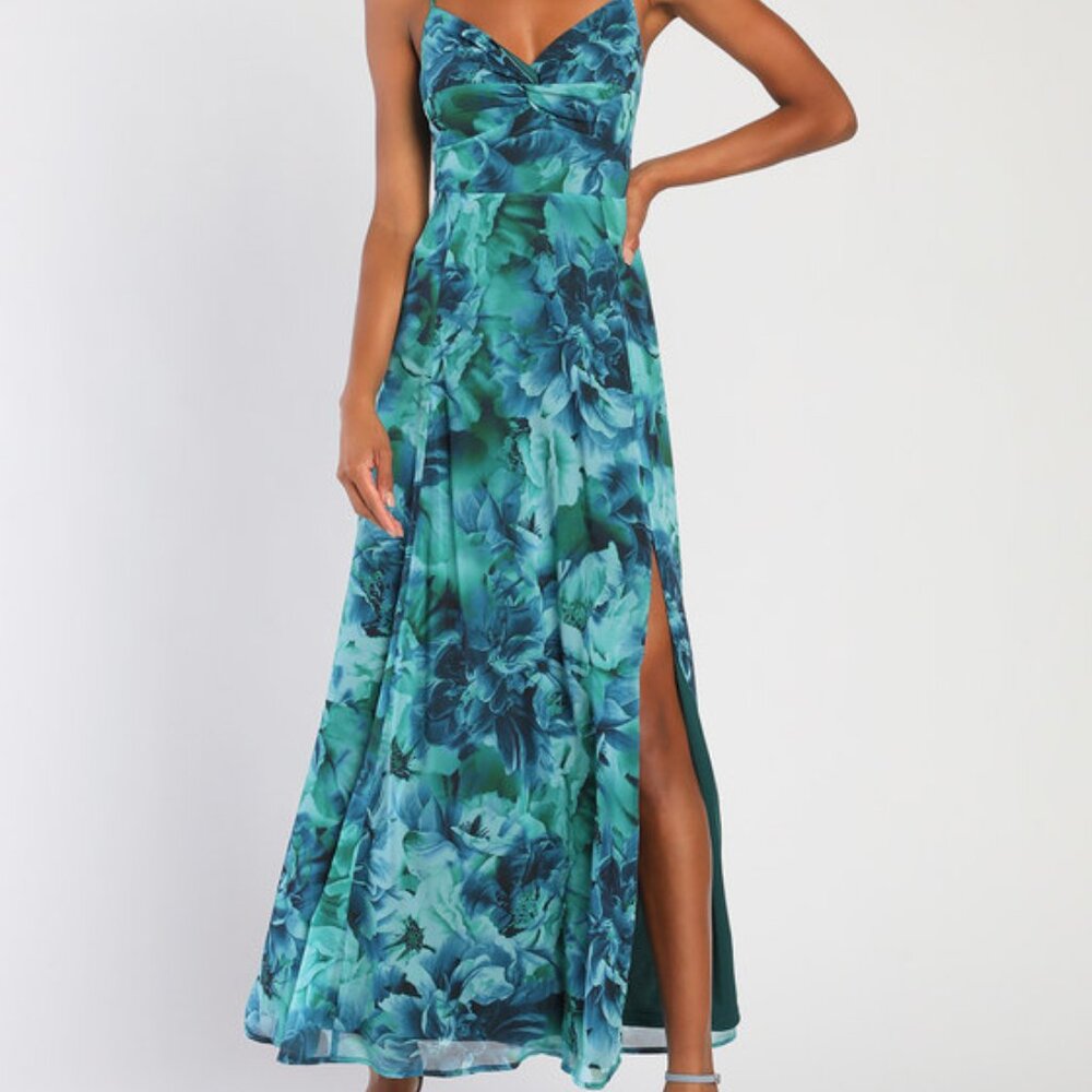 Lulus Beautiful Soul Teal Green Floral Print Twist-front Maxi Dress - Size M